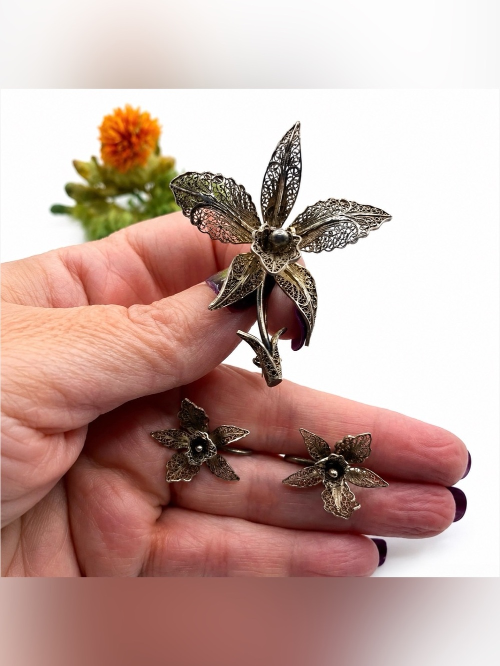 925 Filigree Orchid Flower Statement Fine Sterling Floral Brooch & Earrings